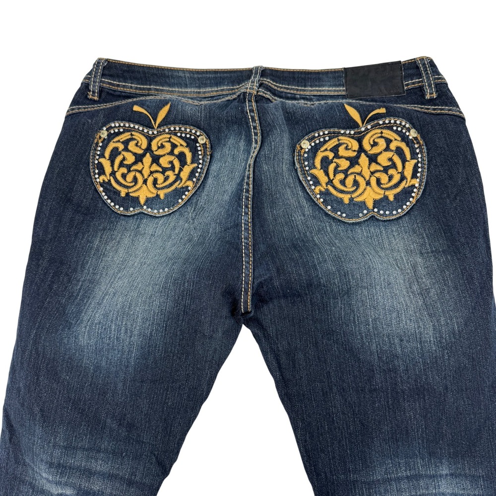 Y2K Apple Bottoms Jeans‎ Womens 13/14 Blue Dark Wash Rhinestone Apple Pocket
